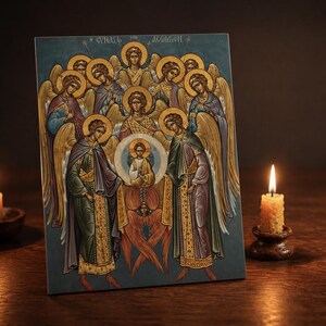 Synaxis Holy Angels Orthodox Icon | Byzantine Archangel Wood Panel 9x12