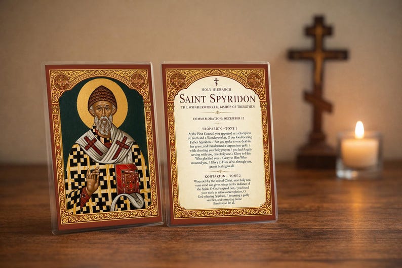 Saint Spyridon Prayer Card 4x6 Laminated Orthodox Icon with Troparion and Kontakion