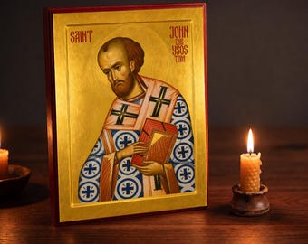 Icône orthodoxe de saint Jean Chrysostome, finie à la main, montée sur bois, 9 x 12 pouces