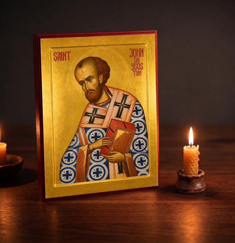 Saint John Chrysostom Orthodox Icon, Hand-Finished 9x12 Wood Mounted