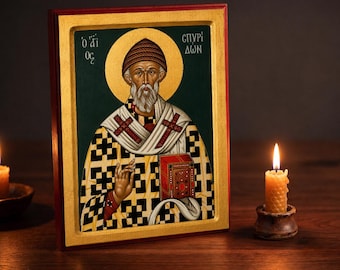 Icône orthodoxe de saint Spyridon le Thaumaturge, finie à la main, montée sur bois, 9 x 12 pouces.