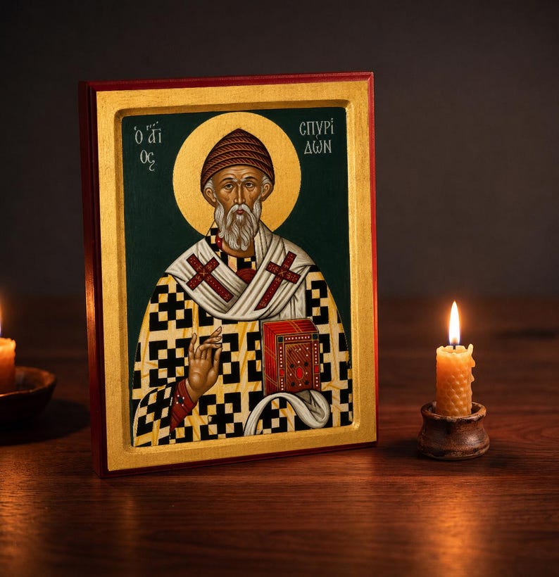 Saint Spyridon the Wonderworker Orthodox Icon, Hand-Finished 9x12 Wood Mounted