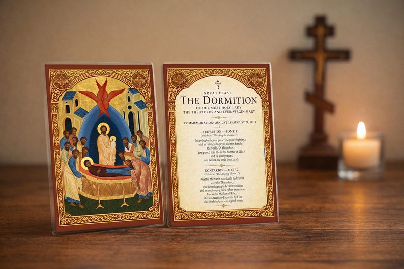 Dormition of the Theotokos Prayer Card, 4x6 Laminated Orthodox Icon of the Virgin Mary