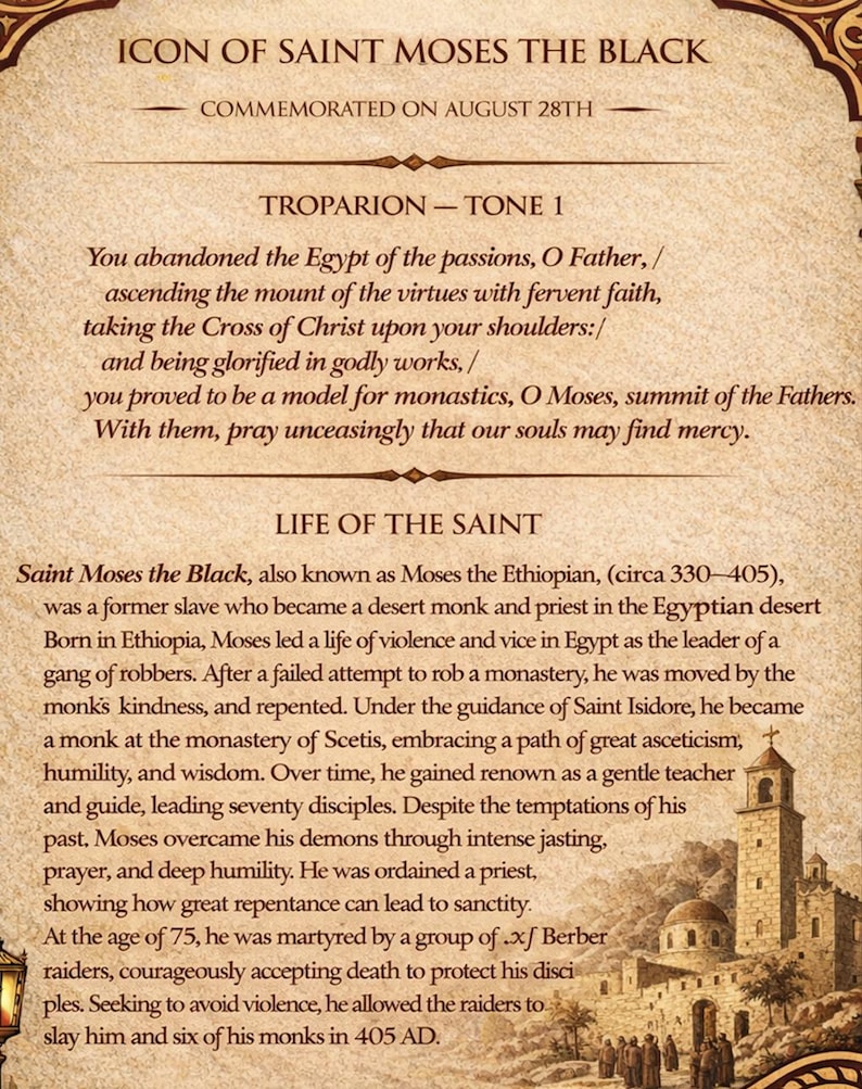 Puede incluir: Una p&aacute;gina impresa con texto sobre San Mois&eacute;s el Negro, que incluye un Troparion y detalles de su vida. El texto es negro sobre un fondo beige. Una peque&ntilde;a ilustraci&oacute;n de un edificio se encuentra en la esquina inferior derecha.