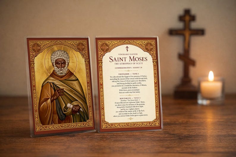 Saint Moses the Black Orthodox Prayer Card – Ethiopian Saint Icon, Laminated 4x6, Repentance Gift