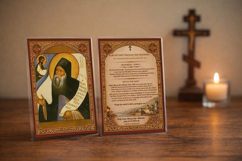 St. Silouan the Athonite – Orthodox Icon Prayer Card (4×6 Laminated)