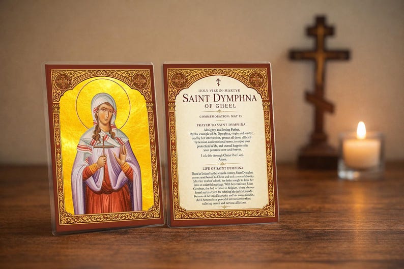 Saint Dymphna Prayer Card – Orthodox Icon, Mental Health & Emotional Healing, Laminated 4x6 Devotional