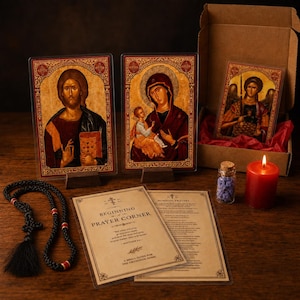Könnte beinhalten: Ein orthodoxes Gebetseck-Set mit religiösen Ikonen, einem Gebetskranz und Gebetsführern. Die Ikonen zeigen Jesus, Maria mit dem Jesuskind und einen Engel. Eine brennende rote Kerze und eine kleine Flasche mit lila Perlen sind ebenfalls vorhanden.