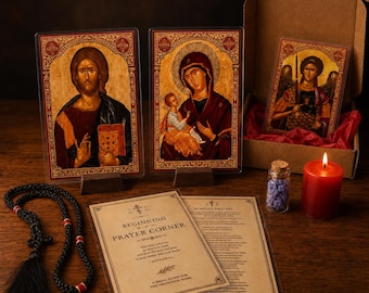 Orthodox Prayer Corner Starter Kit | Icons, Prayer Rope, Candle, Incense, Cards