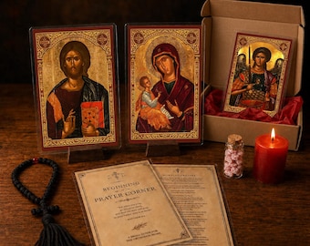 Orthodoxe gebedshoek startset | Iconen, wollen gebedssnoer, kaars, gezegende wierook