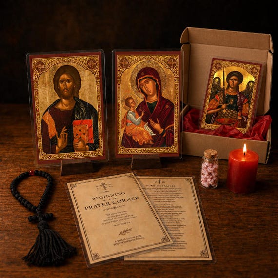 Orthodox Prayer Corner Starter Kit | Icons, Wool Prayer Rope, Candle, Blessed Incense
