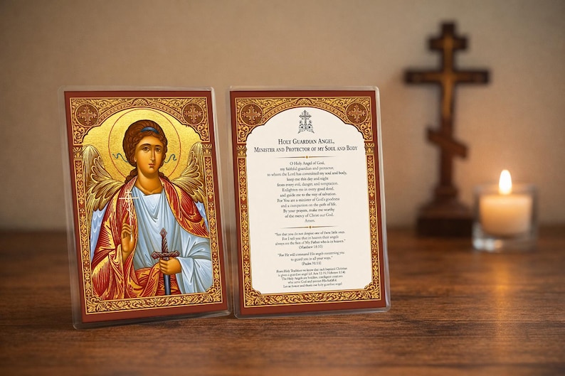 Orthodox Guardian Angel Prayer Card | Byzantine Icon | Protection & Daily Prayer | 4x6 Laminated Devotional