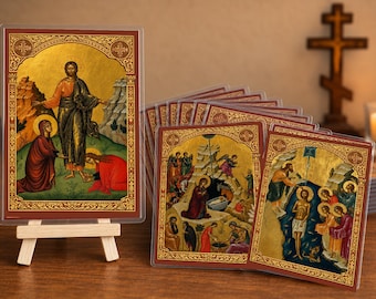 Ensemble de cartes pour les fêtes orthodoxes avec support en bois : 15 cartes d'icônes recto-verso 4x6