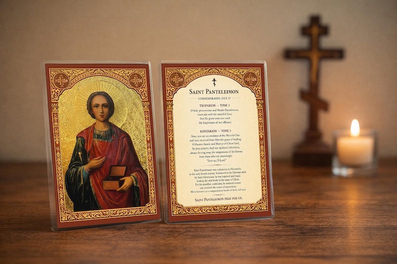 Saint Panteleimon Orthodox Prayer Card — 4×6 Laminated, Double-Sided