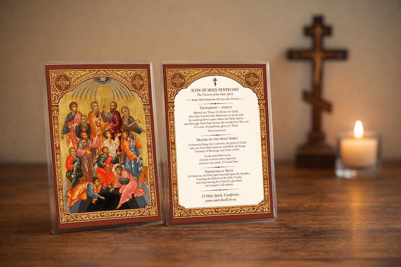 Orthodox Pentecost Icon Prayer Card | Descent of Holy Spirit, Troparion Tone 8