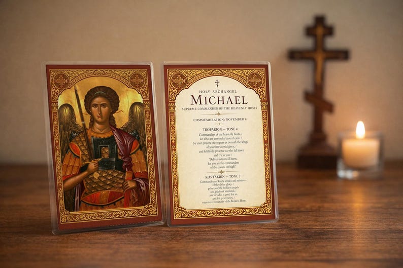 Archangel Michael Orthodox Prayer Card – Byzantine Icon, Troparion & Kontakion, Laminated 4x6 Devotional Gift
