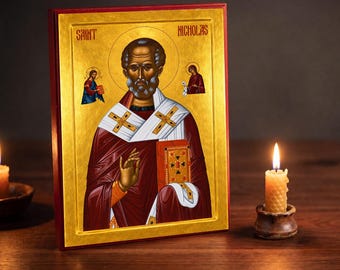 Icône orthodoxe de Saint Nicolas le Thaumaturge, 9 x 12 pouces, montée sur bois et finie à la main.