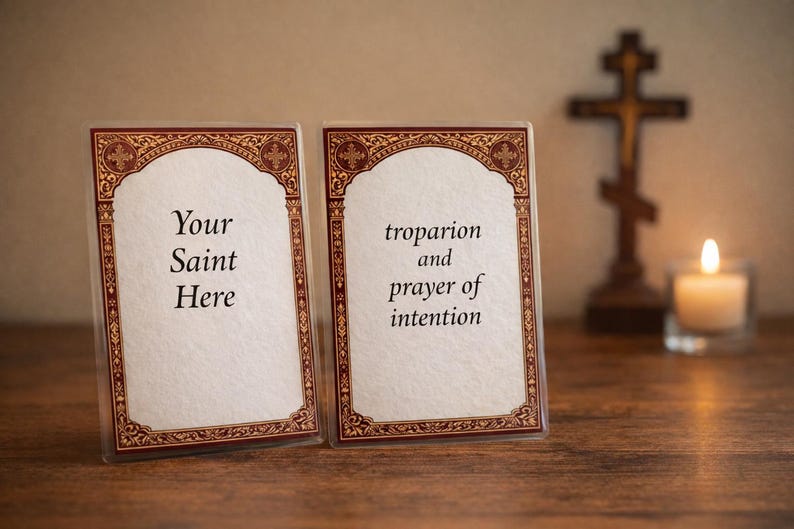 Custom Orthodox Prayer Cards – Personalized Saint Icon Card with Troparion & Prayer