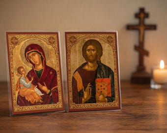 Ensemble de cartes de prière Christ Pantocrator et Theotokos – Cartes icônes orthodoxes, cadeau de dévotion plastifié 4 x 6
