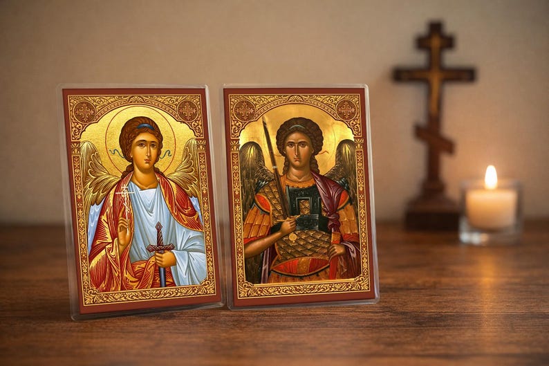 Guardian Angel Archangel Michael Prayer Cards | Laminated Byzantine Icons Set