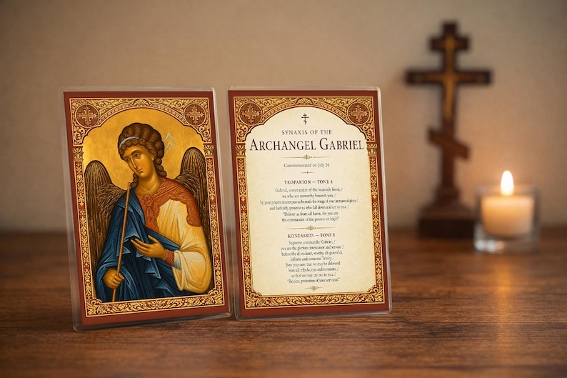 Archangel Gabriel Orthodox Prayer Card – 4x6 Laminated Travel Icon with Troparion & Kontakion