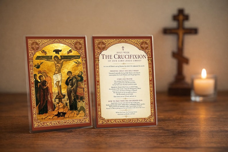 Orthodox Crucifixion Prayer Card – Holy Week Icon, Laminated 4x6
