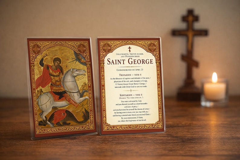 Saint George Prayer Card – Orthodox Icon, Courage, Protection (4x6 Laminated)