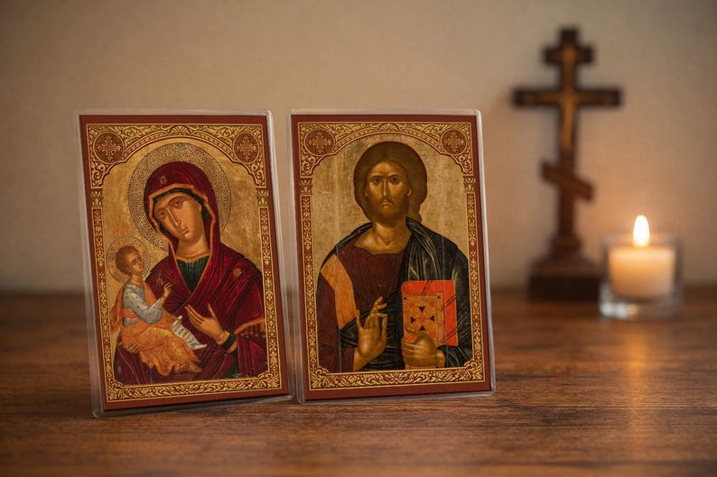 Christ Pantocrator & Theotokos Prayer Card Set – Orthodox Icon Cards, Laminated 4x6 Devotional Gift
