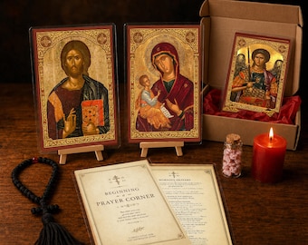 Kit de démarrage pour coin de prière orthodoxe | Icônes, corde de prière en laine, bougie, encens béni