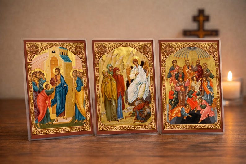 Orthodox Pascha Prayer Card Set (3 Pack) 4x6 | Myrrhbearers Thomas Sunday Pentecost | Easter Orthodox Gift