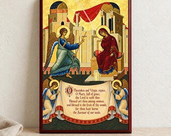 Annunciation Prayer Plaque, O Theotokos and Virgin Rejoice, 8x12 Wood Mounted