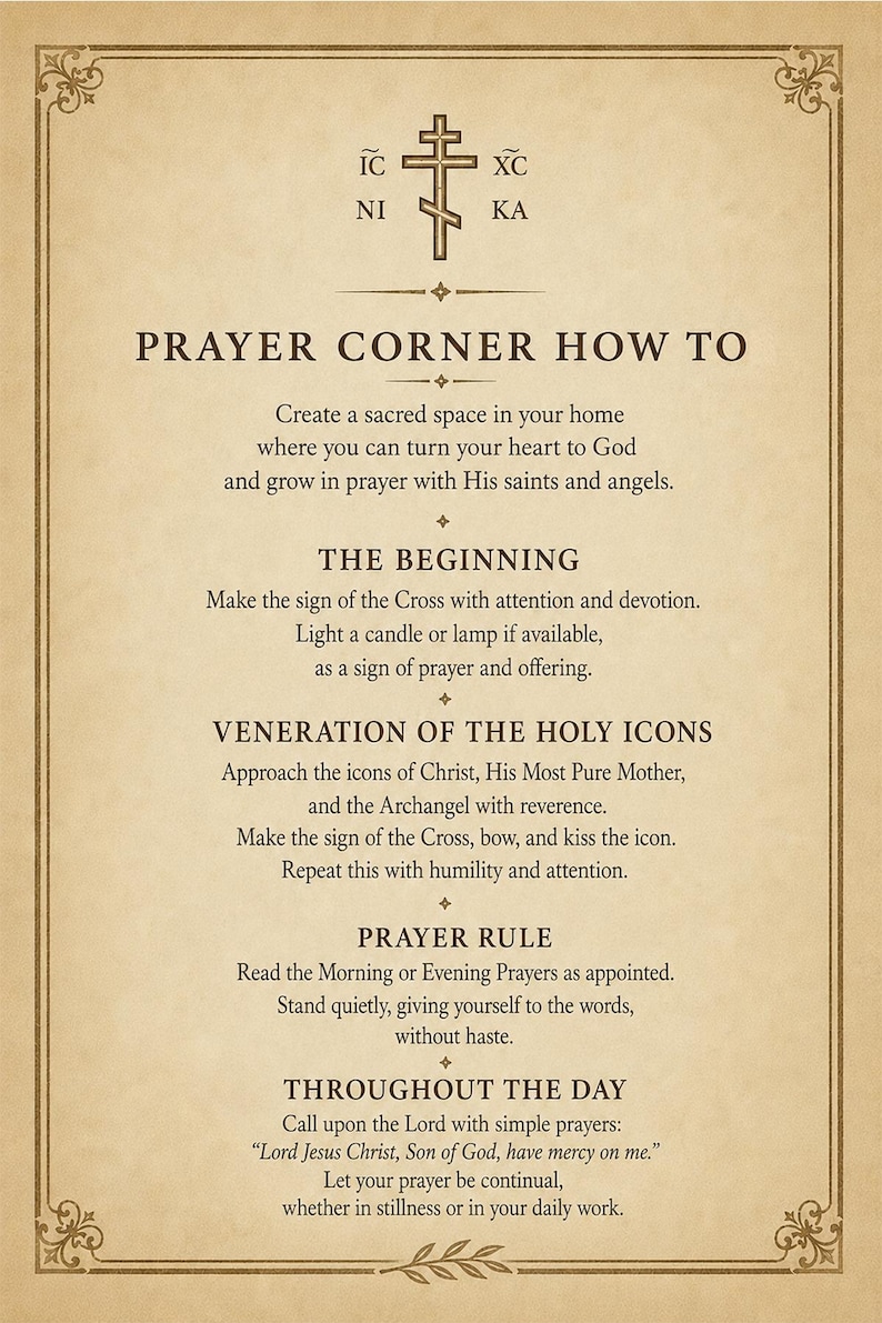 Puede incluir: Un impreso informativo de color beige con un borde marr&oacute;n oscuro y esquinas decorativas. Presenta un s&iacute;mbolo de cruz central sobre el texto PRAYER CORNER HOW TO, seguido de instrucciones para la oraci&oacute;n y la veneraci&oacute;n de los iconos.