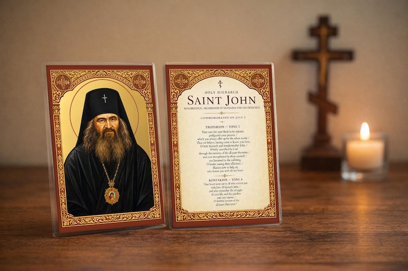 Saint John Maximovitch Prayer Card: 4x6 Laminated Orthodox Icon with Troparion & Kontakion