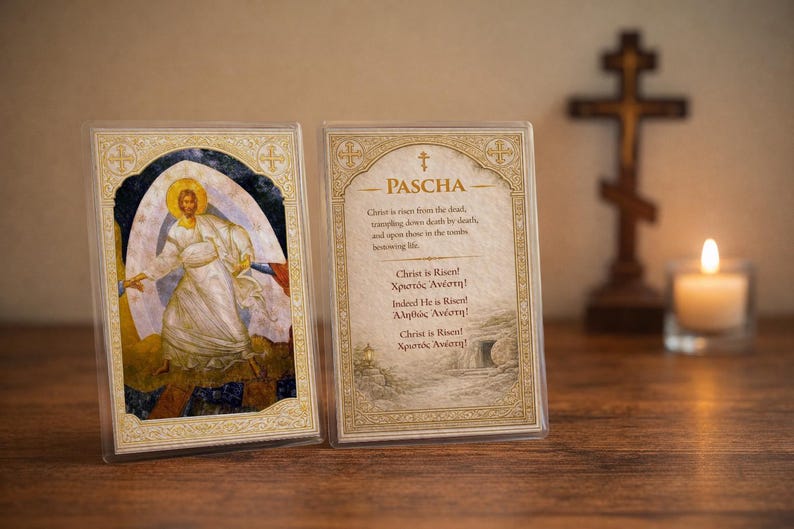Orthodox Pascha Prayer Card – Resurrection Icon, Paschal Troparion, Laminated 4x6 Easter Orthodox Gift
