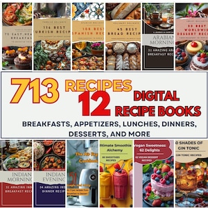 Può includere: Una raccolta di 12 libri di ricette digitali con 713 ricette. I libri coprono varie cucine e tipi di pasti, tra cui colazioni, antipasti, pranzi, cene e dessert. L'immagine include copertine di libri con fotografia di cibo.