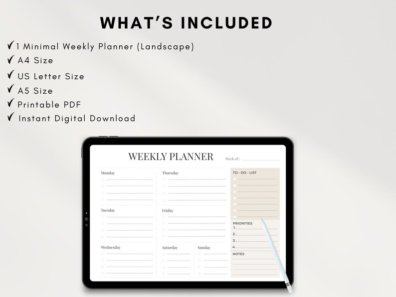 Minimal Weekly Planner Printable | Digital & Printable PDF | A4 A5 US ...