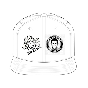 Pode incluir: Boné de beisebol branco com aba reta. O boné apresenta dois gráficos em preto e branco: um cérebro e punhos com o texto "Fistz for Brainz", e um retrato com o texto "Float like a butterfly, sting like a bee."