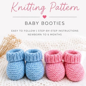 Pode incluir: Imagem de um padrão de tricô para botinhas de bebê. O texto diz "Knitting Pattern" e "Baby Booties". São mostrados dois pares de botinhas de bebê de tricô, um par em azul claro e outro em rosa. O padrão é para recém-nascidos até 6 meses.