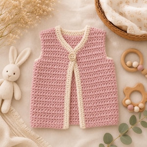 May include: A sleeveless crochet vest in a dusty pink hue, featuring a cream-colored border along the neckline and front opening. The garment is secured at the center with a single round wooden button, showcasing a simple, textured stitch pattern.