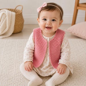 May include: A baby wearing a pink knitted vest over a cream-colored long-sleeved dress with a small floral pattern, paired with cream-colored tights and a matching pink bow headband. The vest features a textured garter stitch pattern.