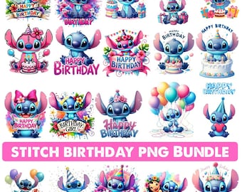 スティッチバースデーPNGクリップアートバンドル、漫画パーティーデザイン（デジタルダウンロード