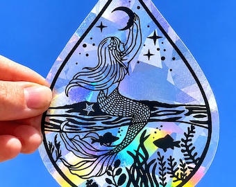 Suncatcher sticker mermaid window cling for ocean lover room decor, cute mermaid sun catcher window sticker art, rainbow maker decal gift