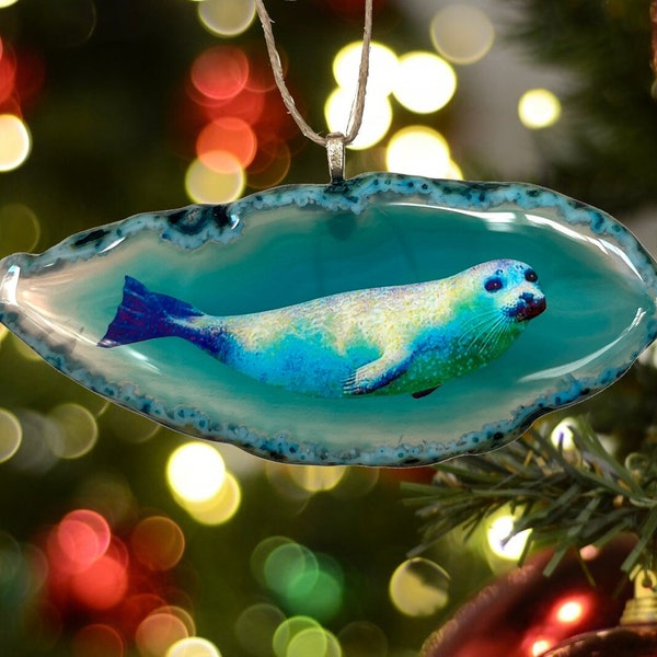 Seal ornament, marine mammal agate slice ornament, cute wildlife resin ornament, ocean lover ornament, animal lover gift