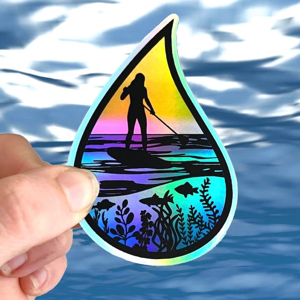 Stand up paddle board sticker, SUP vinyl holographic sticker, ocean lover sticker, nature laptop decor