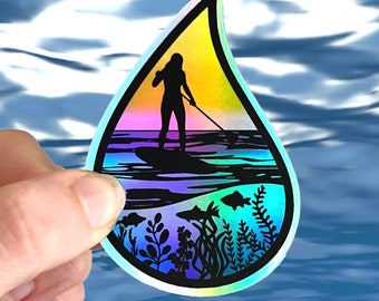 Stand up paddle board sticker, SUP vinyl holographic sticker, ocean lover sticker, nature laptop decor