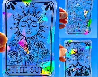 Tarot window cling prism sticker, The Sun tarot card suncatcher sticker, witchy holographic window decal, rainbow maker decal sun catcher