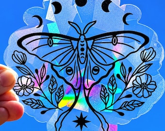 Suncatcher sticker luna moth rainbow window cling, rainbow window sticker cling, sun catcher decal, cute window prism sticker for her