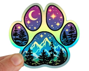 Paw print sticker, holographic dog sticker, hiking vinyl sticker, dog lover gift, water resistant nature laptop stickers, water bottle decor