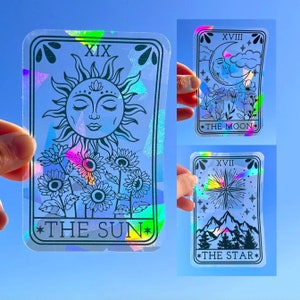 Tarot window cling prism sticker, The Sun tarot card suncatcher sticker, witchy holographic window decal, rainbow maker decal sun catcher