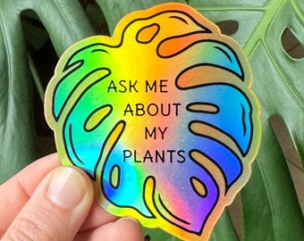 Monstera leaf sticker for houseplant lover, cute rainbow botanical laptop decor, tropical decal for plant mom, boho holographic sticker